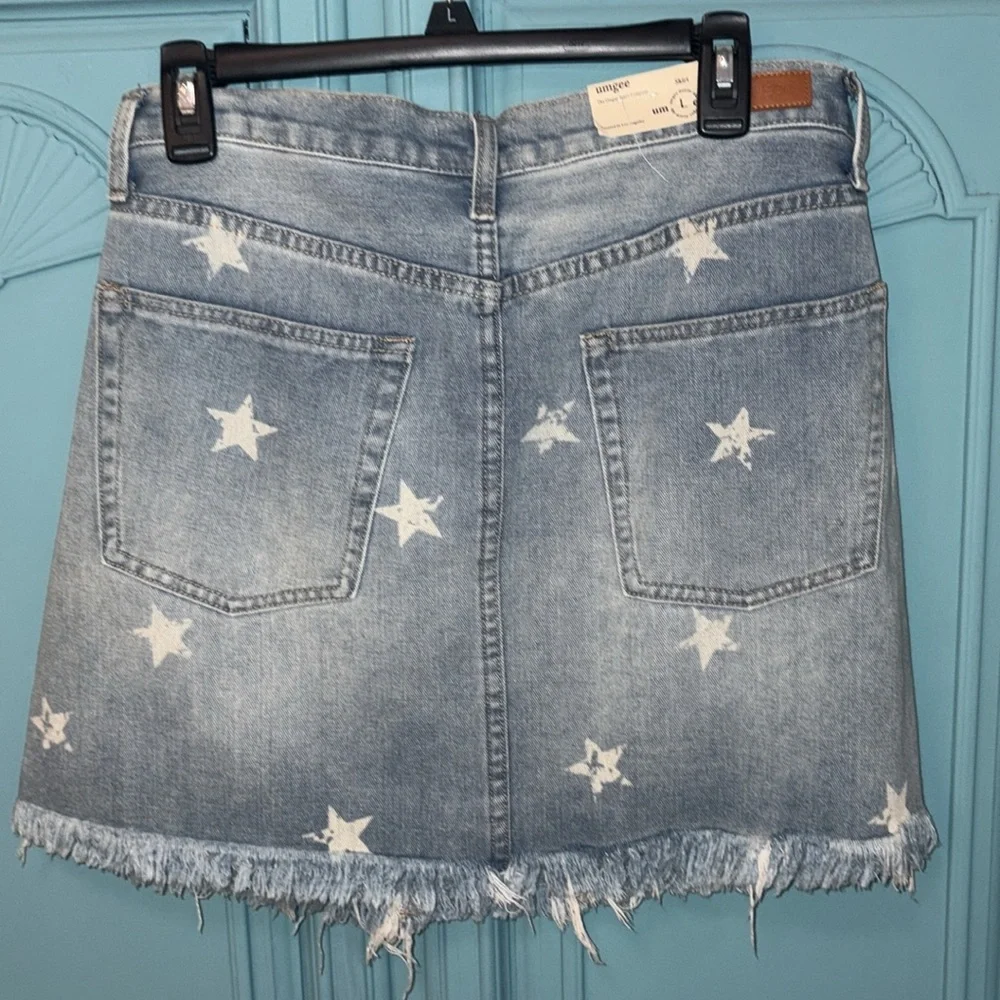 NWT Umgee Star Print Denim Jean Skirt Women’s Sz Large - Picture 6 of 7